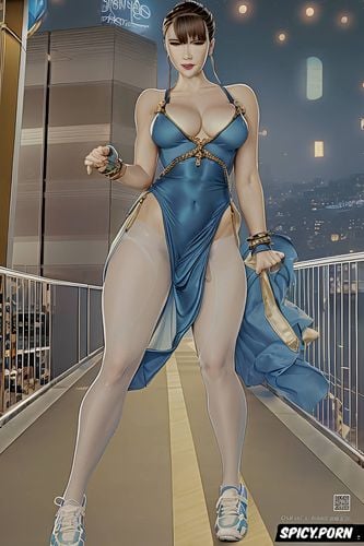 dark blue and gold dress, white tennis shoes, streetfighter