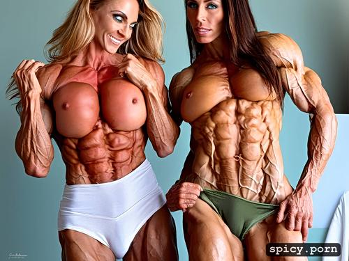 iliac furrows, two women, huge veiny biceps, just women, huge muscles