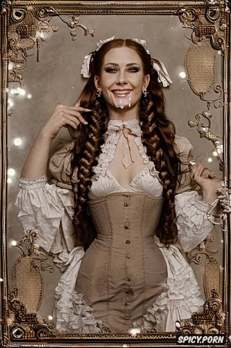 beautiful skinny and petite 1800s victorian young woman, brunette pigtails