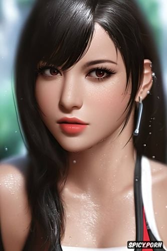 ultra detailed portrait, k shot on canon dslr, tifa lockhart final fantasy vii remake beautiful face tight outfit sitting on a park bench raining wet hair wet face pouting masterpiece