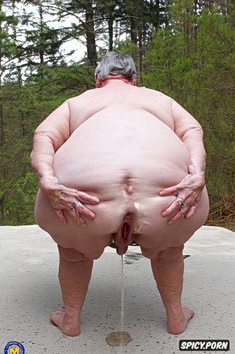 white granny, squatting, rear view, hyperrealistic pregnant pissing muscular thighs red bobcut haircut tanned