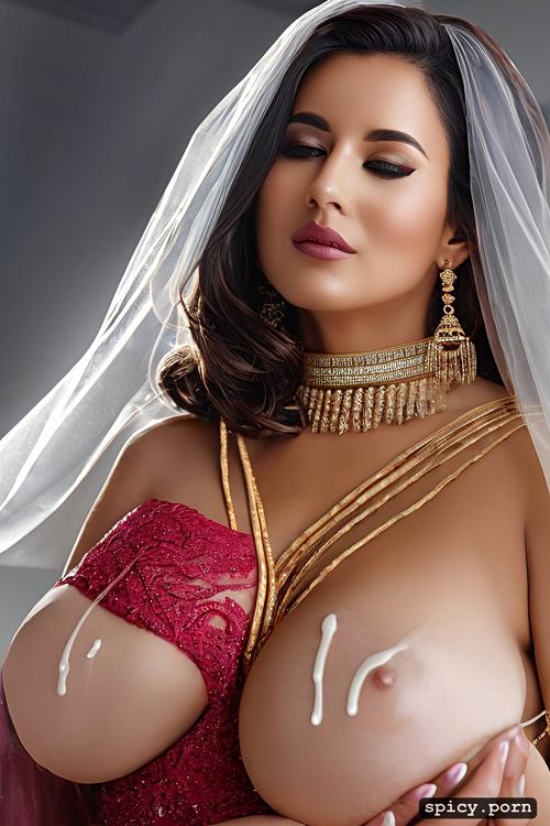 masterpiece, busty natural indian 20 years old wearing wedding dress with cum on face and boobs