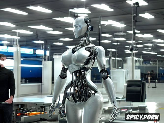 full body view, sexy blonde robot with fully metallic body and huge tits inside a sexbot factory