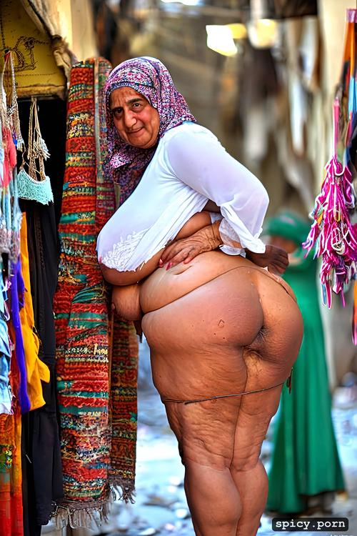 cellulite, in filthy slum, thick legs, torn clothes, naked arabic obese granny