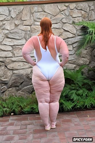 short hair, fat belly, ginger, tanned, ssbbw, seductive, transparent one piece swimsuit