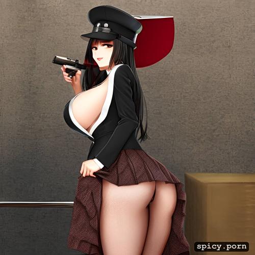 aiming a gun to camera, wearing a pinstripe skirt, big breasts