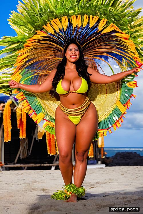performing on stage, intricate beautiful hula dancing costume with bikini top