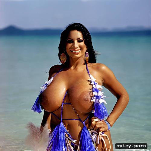 dramatic, color portrait, voluptuous christy canyon performing as rio carnival dancer at copacabana beach erect nipples