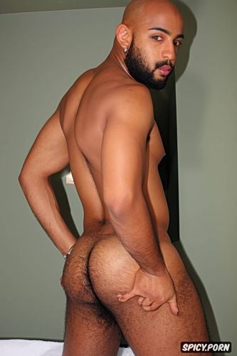 side view, saudi gay mans, desert, brown skin bald head, big ass