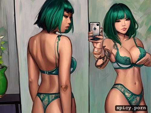 bedroom mirror selfie, beautiful face, small ass, green hair