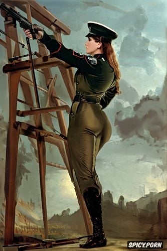 hand gun, trenchcoat, female nazi officer, low angle shot, paul peter rubens oil painting