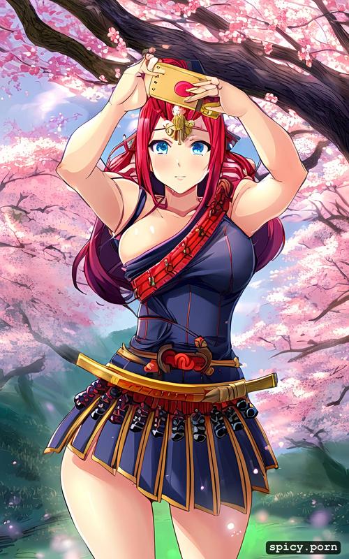 hy1ac9ok2rqr, cute woman, fs, samurai armor, selfie, cherry blossom