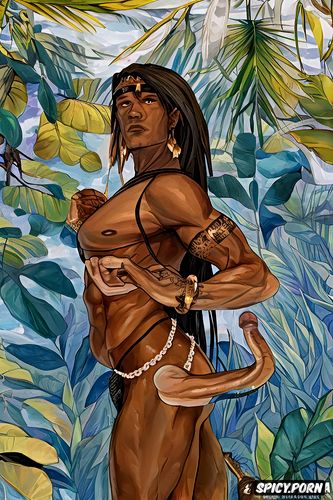 muscular nude with long flaccid dick, intricate long hair, jungle