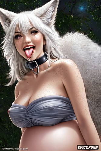 photo realistic detailed wolf ears, amber eyes, pregnant, shallow breasts