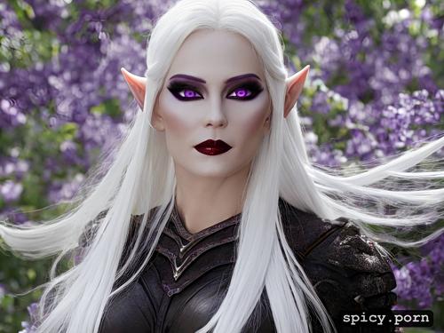 long straight white hair, purple eyes, white eyelashes, full body