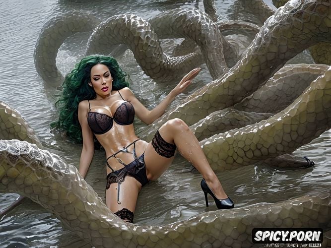 intricate hair, breasts exposed, mouth slightly open, dark giant anaconda thick