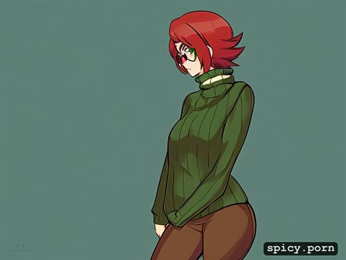 19 years old woman trans short redhair round glasses green turtleneck