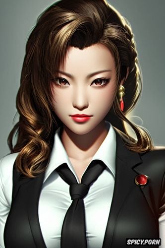 masterpiece, aerith gainsborough final fantasy vii rebirth black blazer white shirt shirt unbuttoned soft lights beautiful face asian skin tone portrait