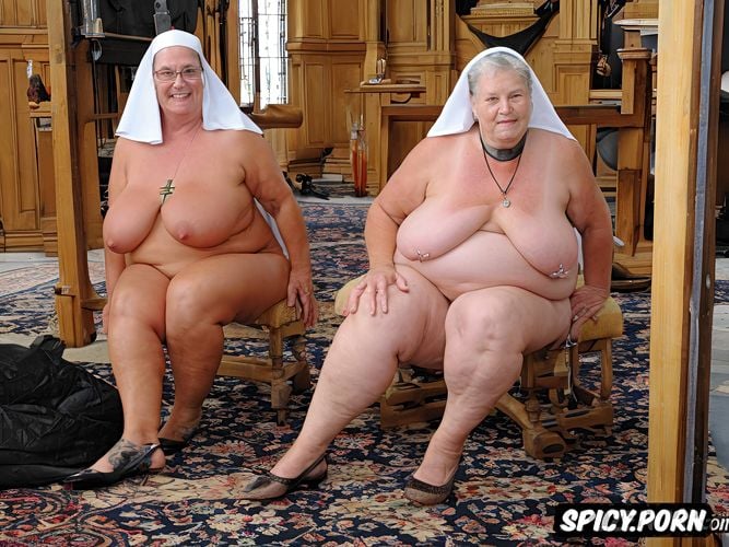 loose saggy empty breasts, wrinkly saggy skin, full body, twovery old grandmothers in full church