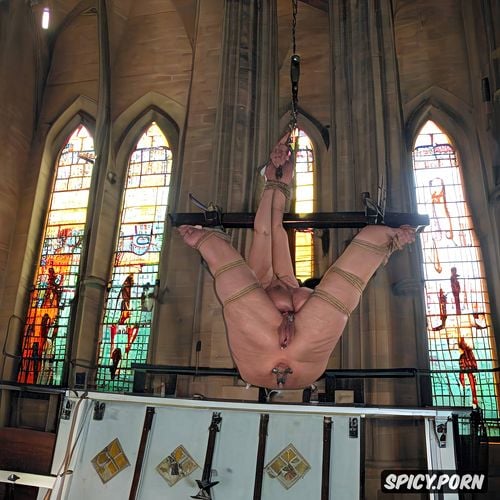 bondage, wrinkly face, stained glass windows, old granny nude