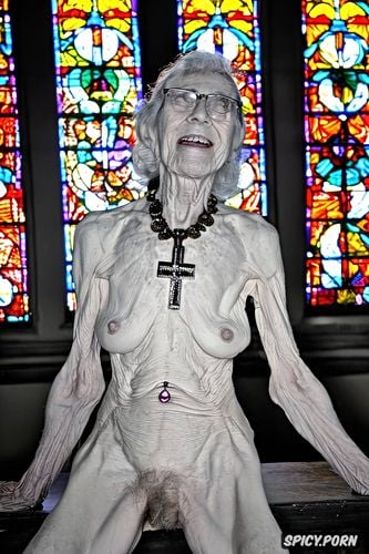 spreading legs, cross necklace, pierced pussy, cathedral, very old ugly granny