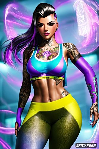 tattoos, sombra overwatch beautiful face full body shot, topless