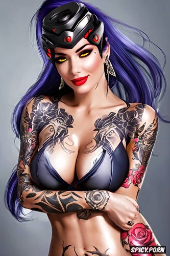 widowmaker overwatch beautiful face young sexy, tattoos masterpiece