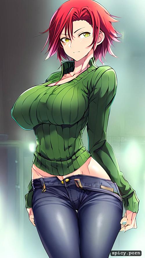 black stockings, boots, red sweater short light green hair, beautiful