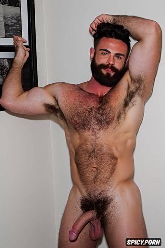 solo hairy gay man with a big dick showing full body and perfect face beard showing hairy armpits indoors muscular body dark brown hair