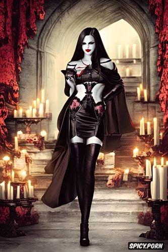 wearing black cape with red inner lining, women vampire woman black hair