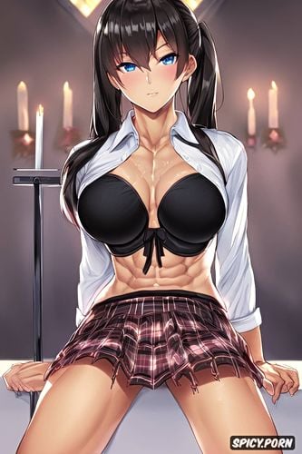 hair bows, german student, pigtails, petite, abs, sitting on altar