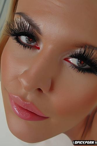 pink lipstick, teen, face closeup, british chav, pov, false eyelashes