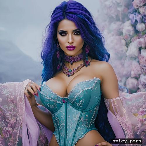 beautiful face, blue and purple hair, long hair, persian woman