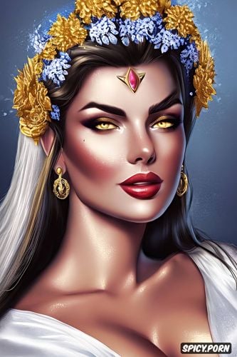 masterpiece, widowmaker overwatch beautiful face milf tattoos flowing low cut white greek robes golden greek wreath crown busty smirking portrait