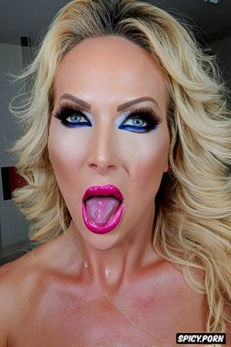 huge false eyelashes, slut makeup, dripping in cum, lip liner