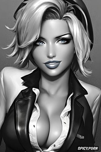 ultra detailed, ultra realistic, mercy overwatch black blazer white shirt shirt unbuttoned beautiful face full lips milf full body shot
