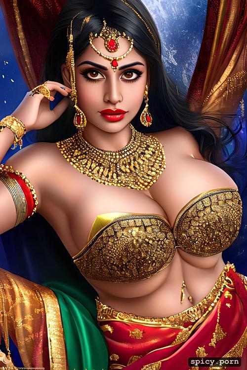 half saree, gorgeous face, curvy hip, indian bride, black hair