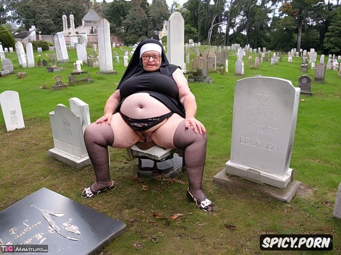 glasses, big piss, grave with headstone in a cemetery, nun dressed
