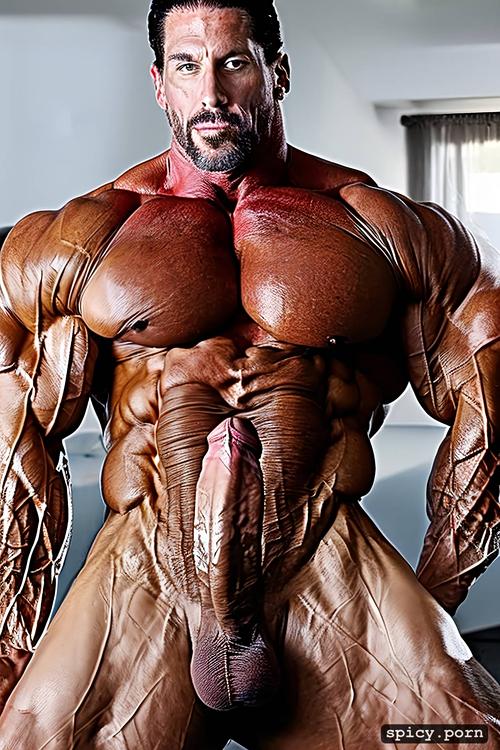 a 30 foot tall hyper muscle bodybuilder man with a huge penis
