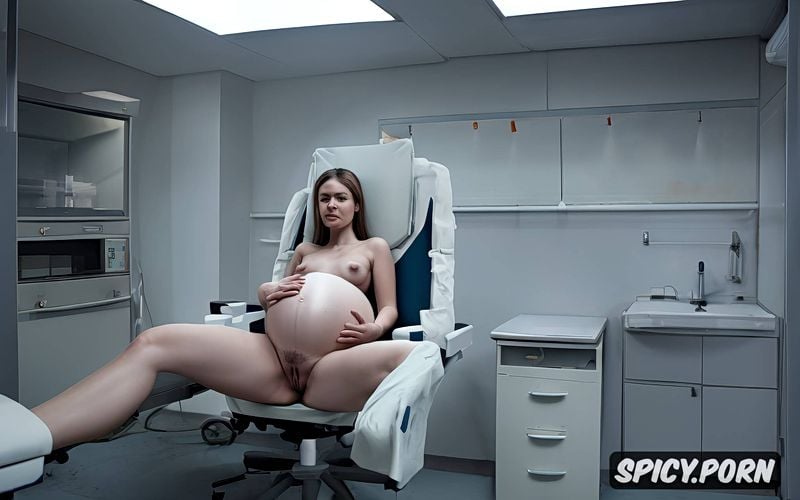 gynecologist chair, missonary position and legs wide open, she is high pregnant