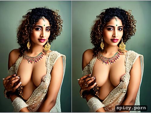 natural breasts, fair skin, curly hair, no blouse transparent saree