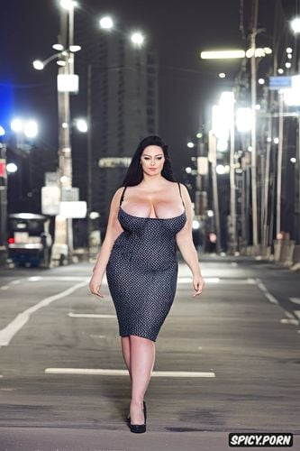 a attractive woman walking in an empty city at night, striking curves