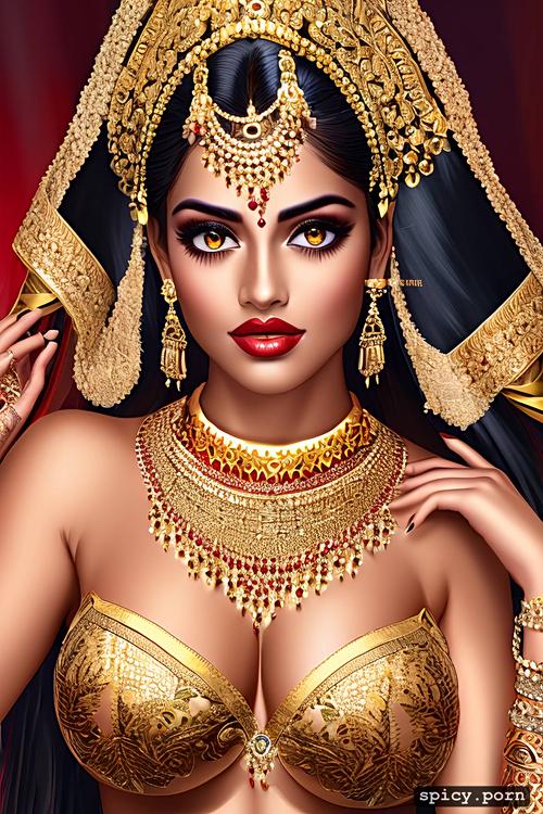 half saree, curvy hip, gold jewellery, big bare boobs, full body front view