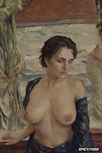 small delicate elderly drooping breasts, bonnard, pov, fog, smoke