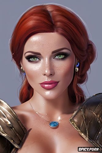 ultra detailed, k shot on canon dslr, triss merigold the witcher tight leather armor portrait beautiful face milf full lips bimbo masterpiece