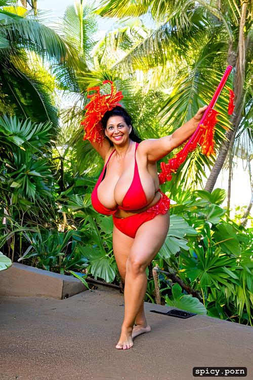 extremely busty, intricate beautiful hula dancing costume, giant hanging boobs