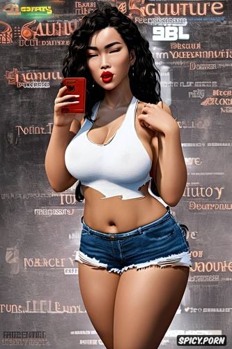 red lipstick, restaurant, chubby body, torn jean shorts around her ankles