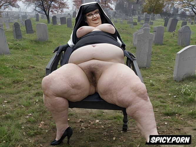 grave with headstone in a cemetery, nun dressed, fat legs, cellulite