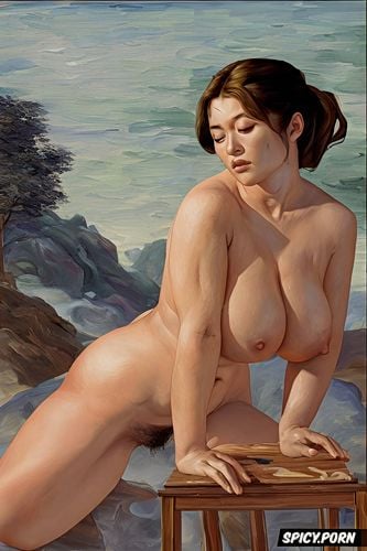 courbet, smoke, fat belly, squishy boobs, asian iranian woman