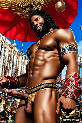 handsome muscular black male gay performer at rio carnival, intricate exotic shining costume